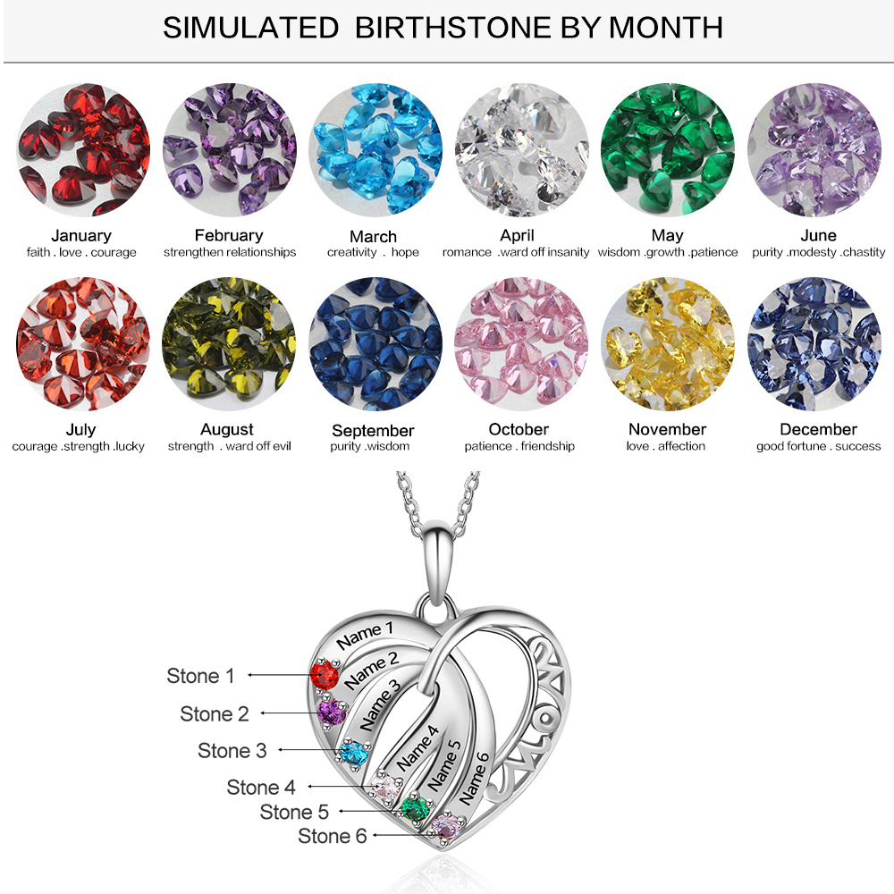 Personalisierte Halskette mit 6 Namen und 6 Simulierten Geburtssteinen
