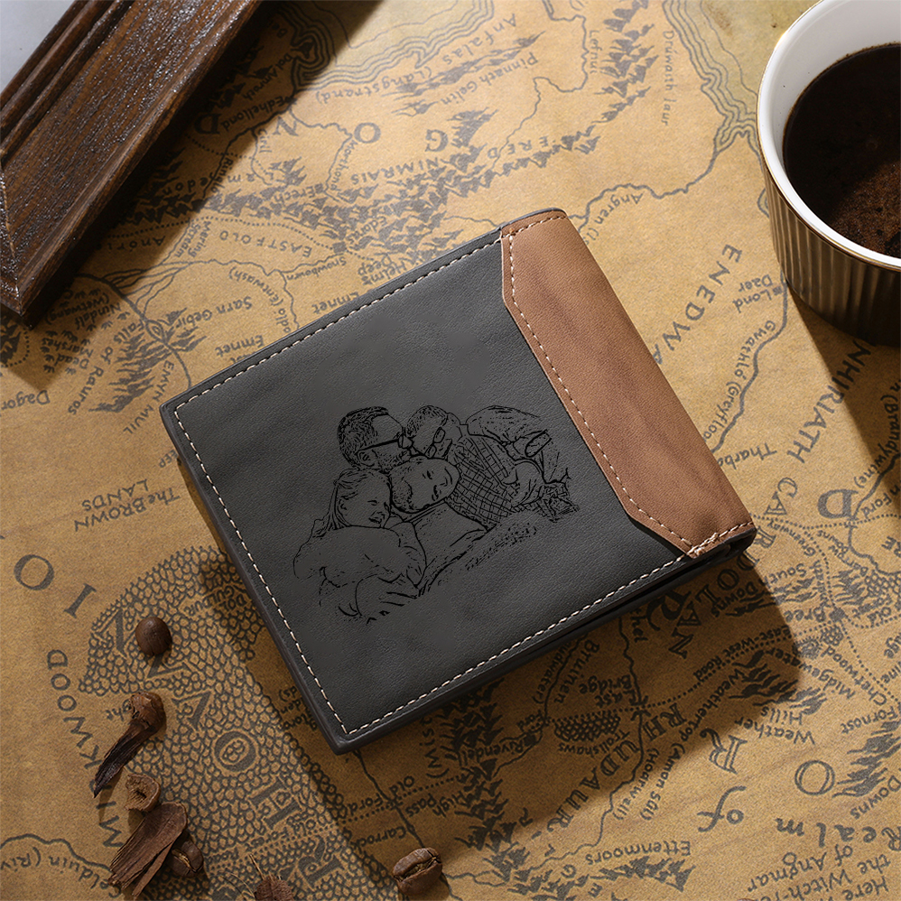 Herren Personalisiertes Foto & 4 Namen Papa Faust Grau Leder Geldbörse-Geschenk für Vater