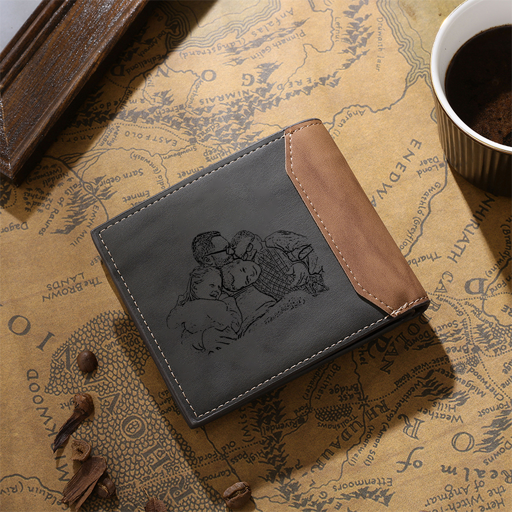 Herren Personalisiertes Foto & 4 Namen Papa Faust Grau Leder Geldbörse-Geschenk für Vater