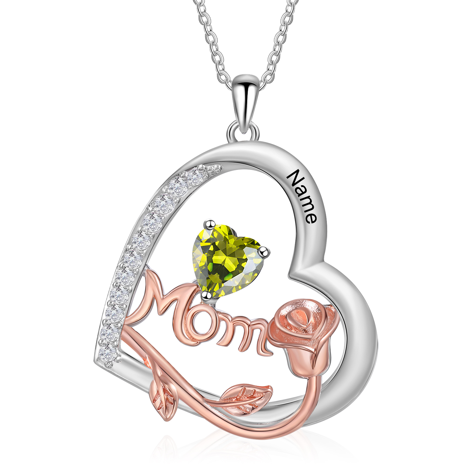 Personalisierter 1 Name Herz Rose Gravur "MOM" Halskette mit 1 Geburtsstein