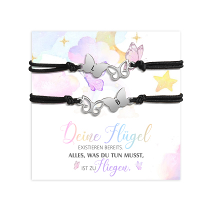Personalisierte 2 Buchstaben Schmetterling Armbänder Set mit 2 Ketten Gummiband - Schulanfang Geschenk mit Karte