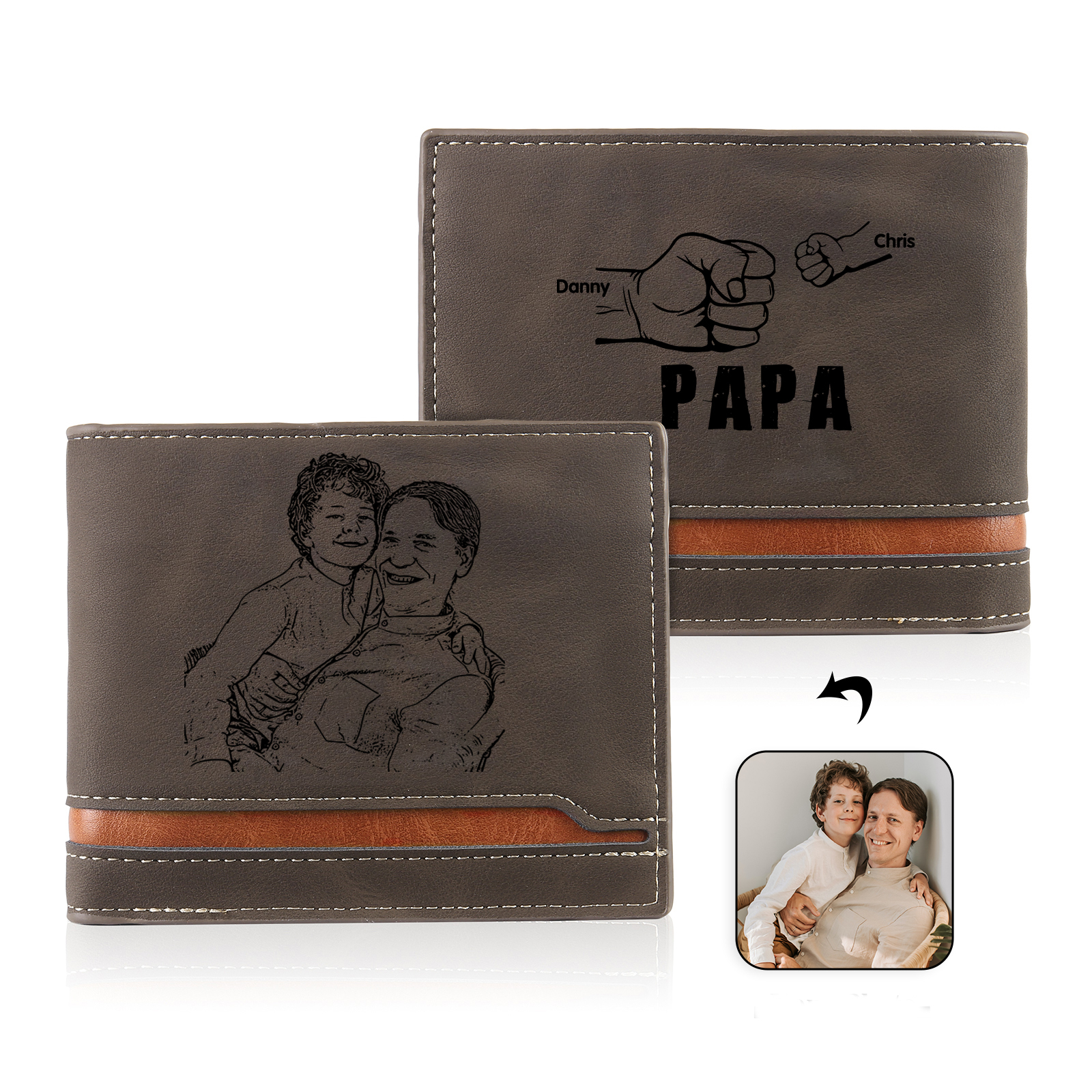 Herren Personalisierte 2 Namen & Foto Leder Papa und Kind Faust Geldbörse Geschenk für Vater