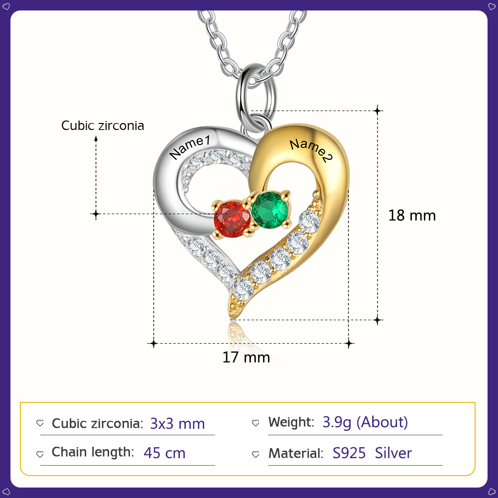 S925 Silber Gravur 2 Namen Herz Halskette mit 2 Geburtssteinen