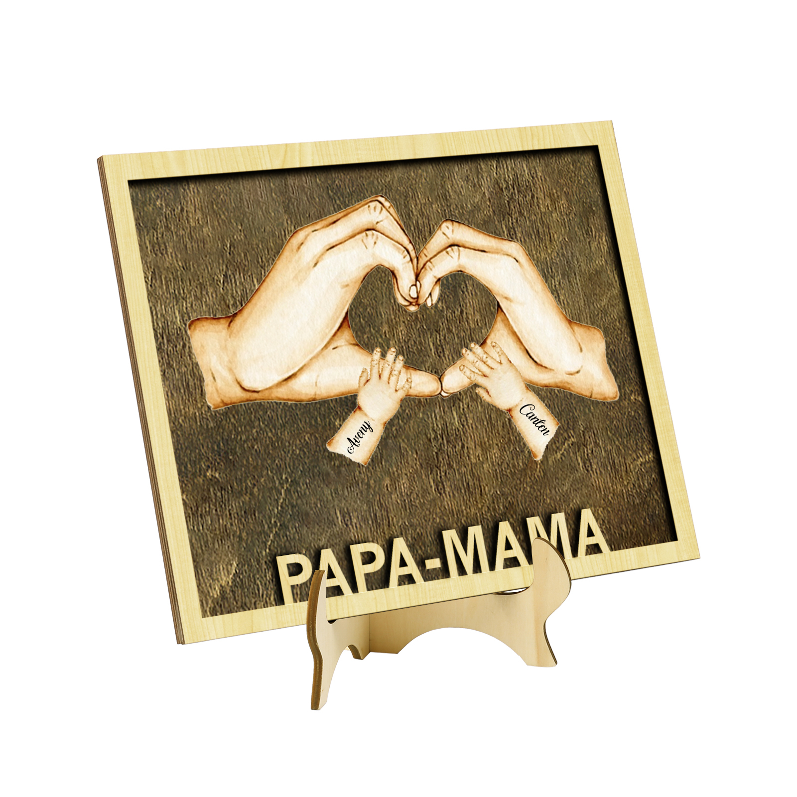 PAPA-MAMA Holz Deko-Personalisierbare 2 Namen Ornament Familie Hand in Hand Holzdekoration für Eltern