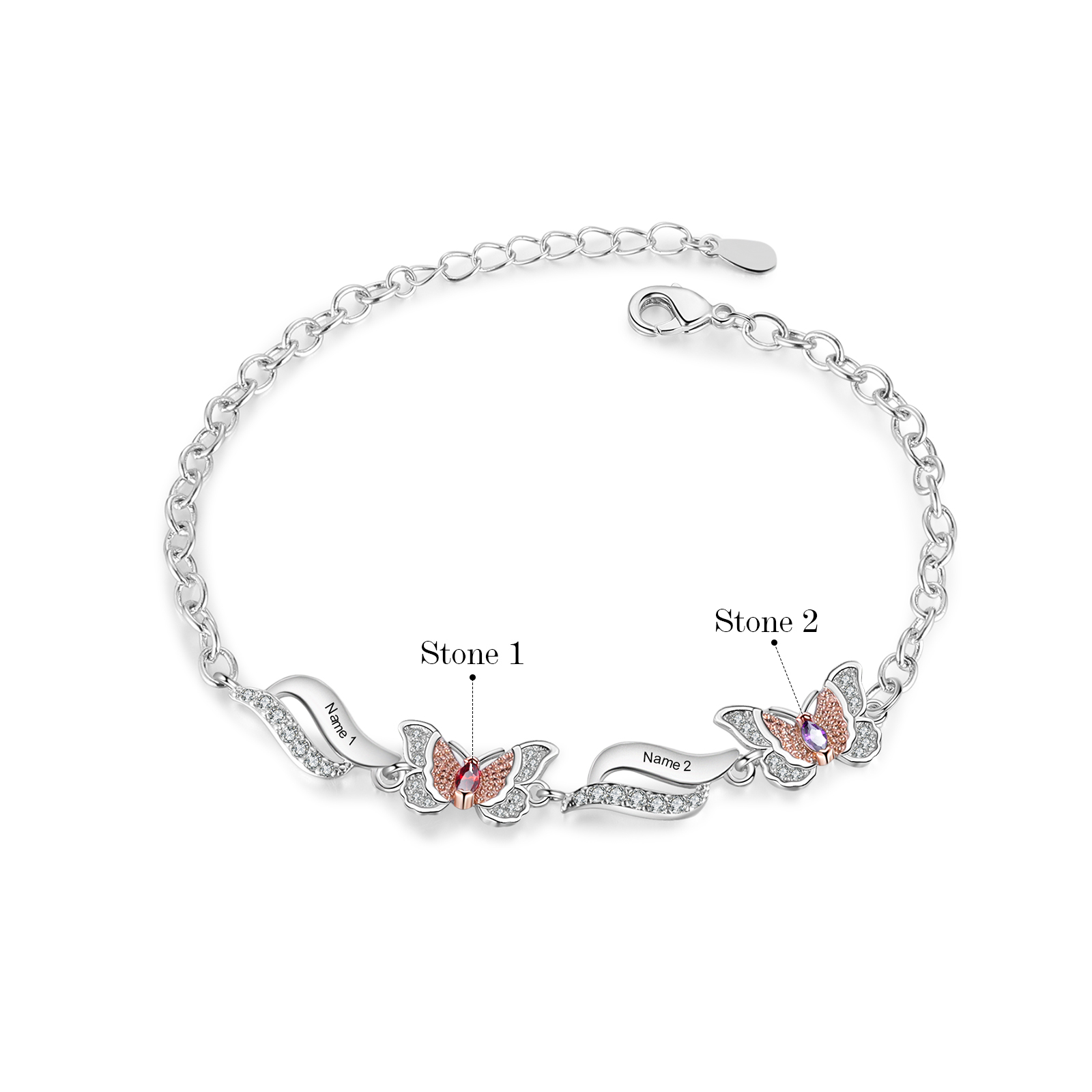 Personalisierte 2 Namen & 2 Geburtssteine Schmetterling Armband mit Zirkonia