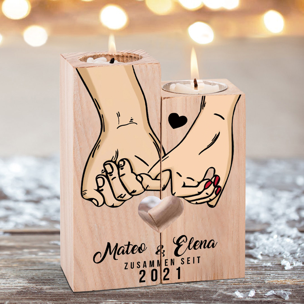 Paar Personalisierte Namen & Jahr Kerzenhalter - Hölzerne Kerzenständer Hochzeitstag Valentinstag Geschenke