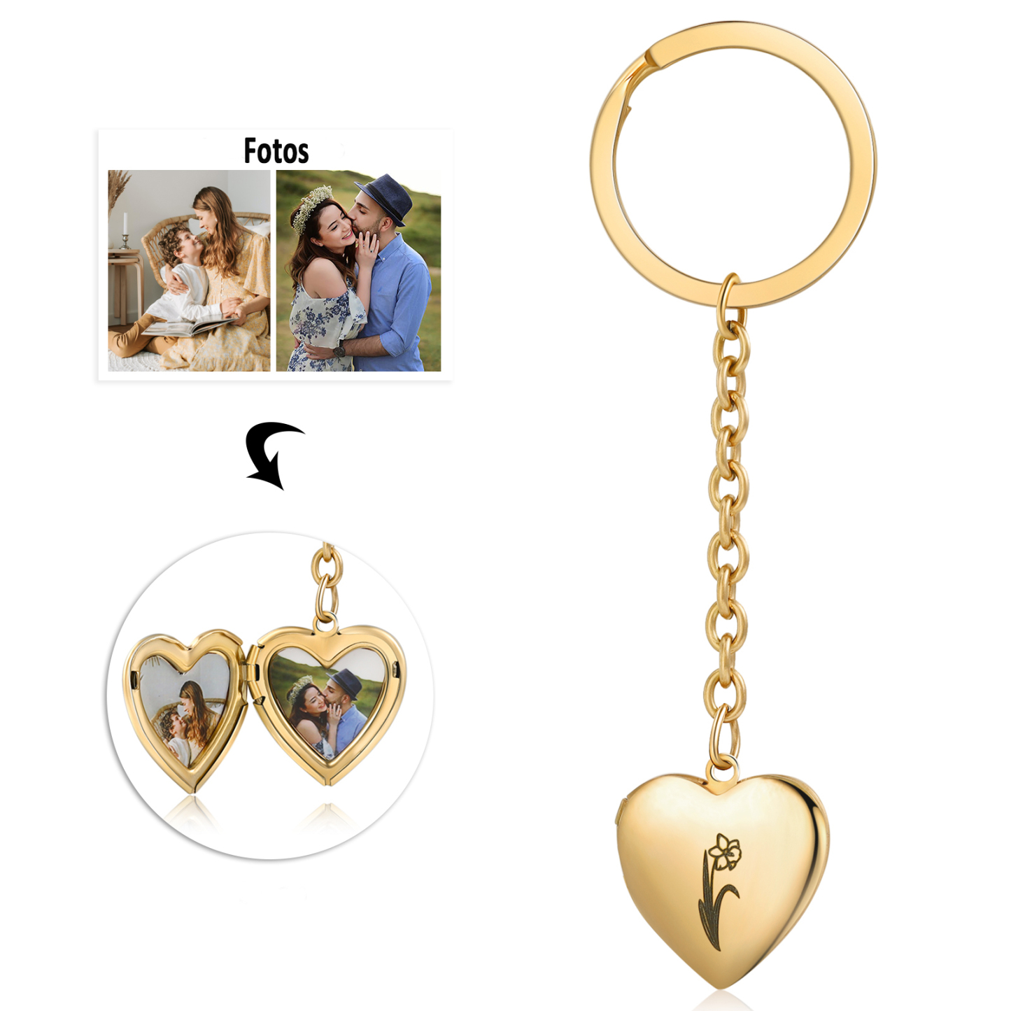 Personalisierte 2 Fotos & Geburtsblume Herz Schlüsselanhänger-Geburtsblume Serie 