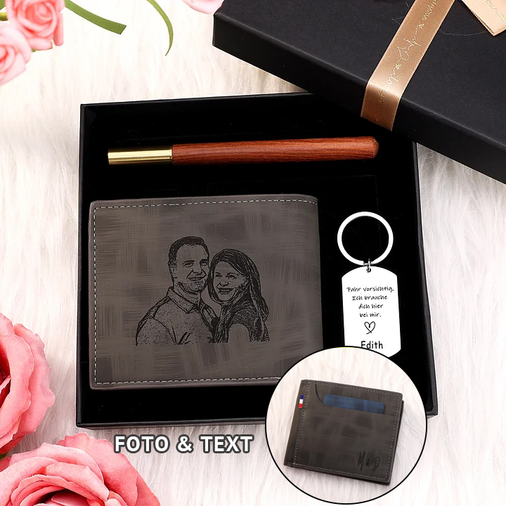 Personalisierte Foto & Text Geldbörse & Foto & Foto & 1 Name Schlüsselanhänger & Stift Geschenkpackung Geschenkset für Mann Freund
