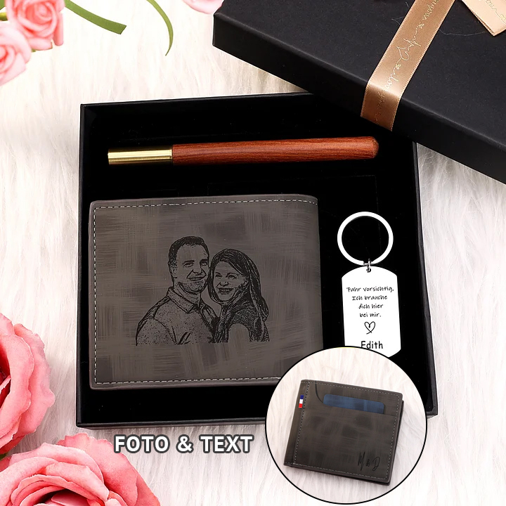 Personalisierte Foto & Text Geldbörse & Foto & Foto & 1 Name Schlüsselanhänger & Stift Geschenkpackung Geschenkset für Mann Freund