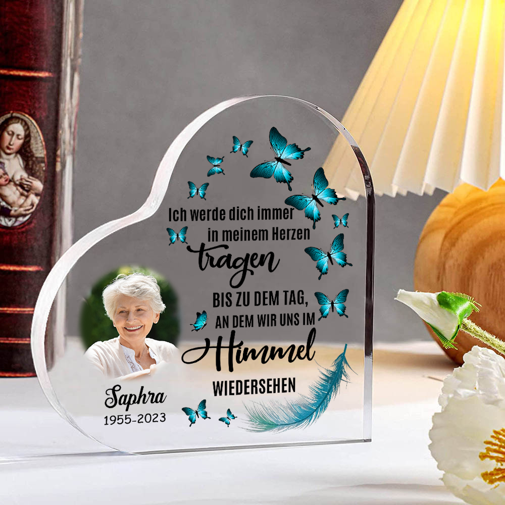Personalisierter Name & Jahr & Foto Acryl-Deko-Ich werde dich immer in meinem Herzen tragen-Trauer Schreibtischdekoration