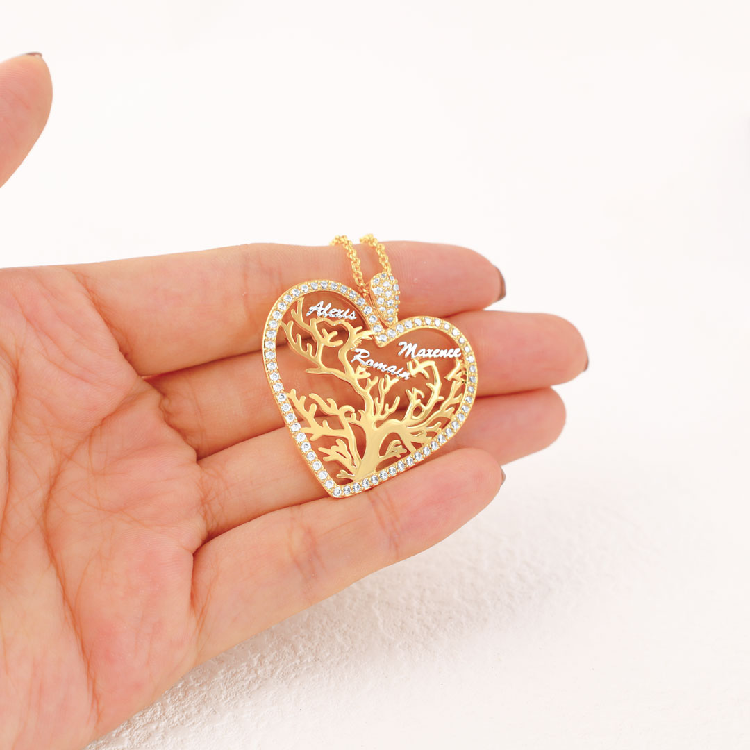 Personalisierte Lebensbaum-Herz-Halskette mit 1–6 Namen