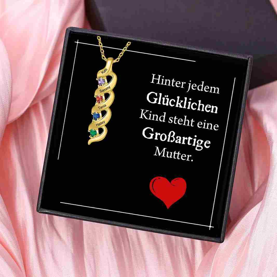 Personalisierte DNA-Halskette mit 2–7 Namen und Geburtssteinen – Bedeutungsvolles Geschenk mit Nachrichtenkarte