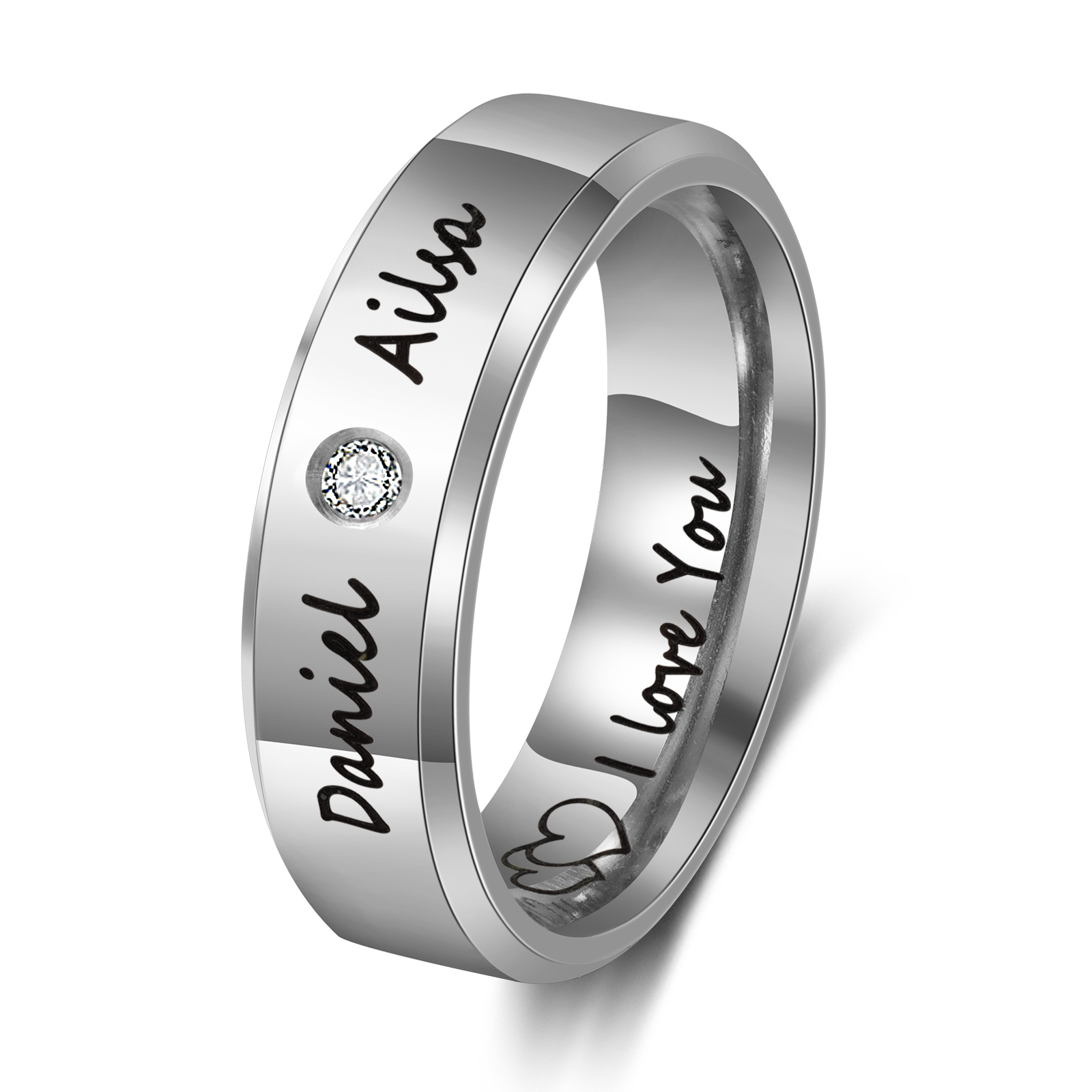 Personalisierter 2 Namen & Text Partnerring Ring mit Zirkonia für Paare