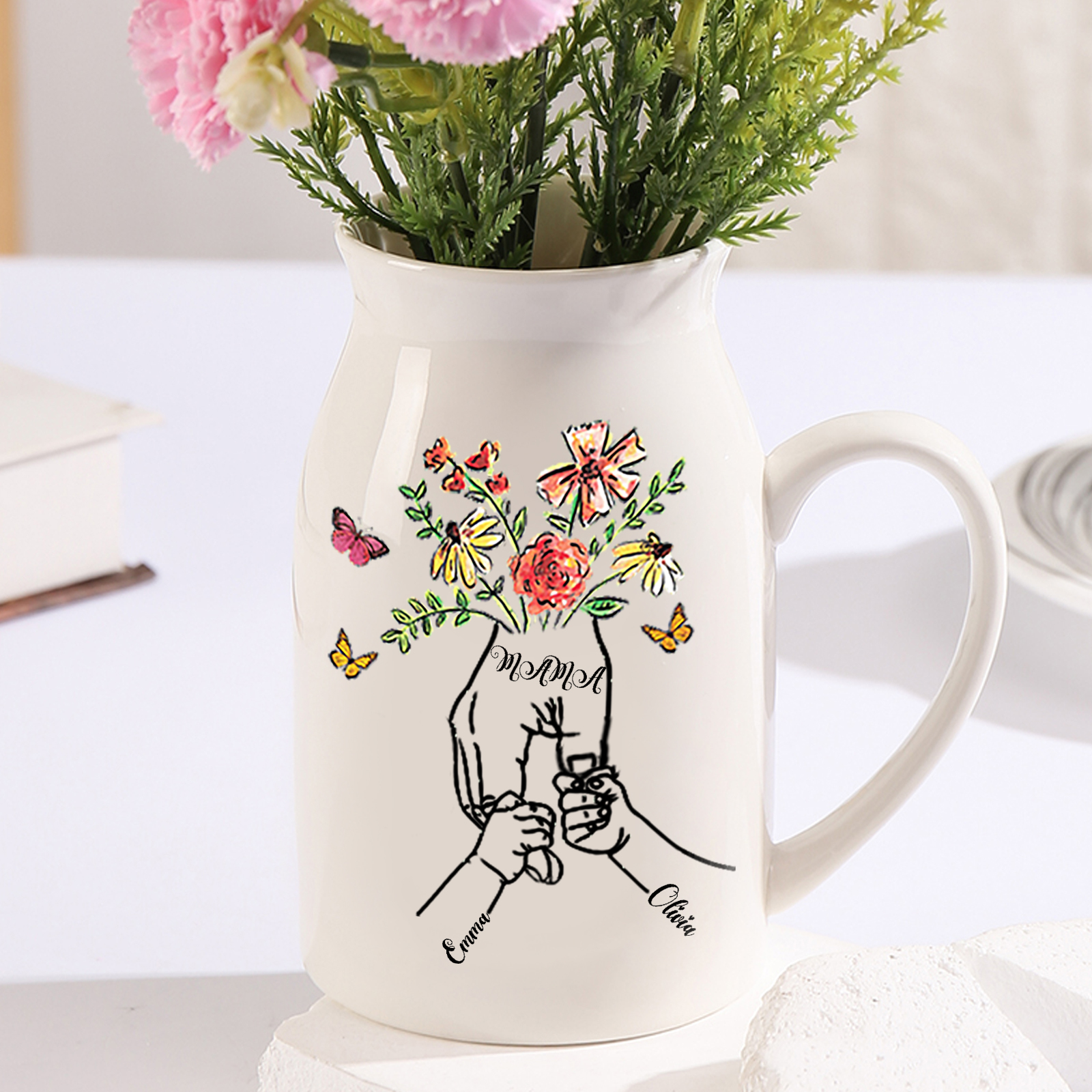 Personalisierte 2 Namen & Text Blume Hand in Hand Familie Vase