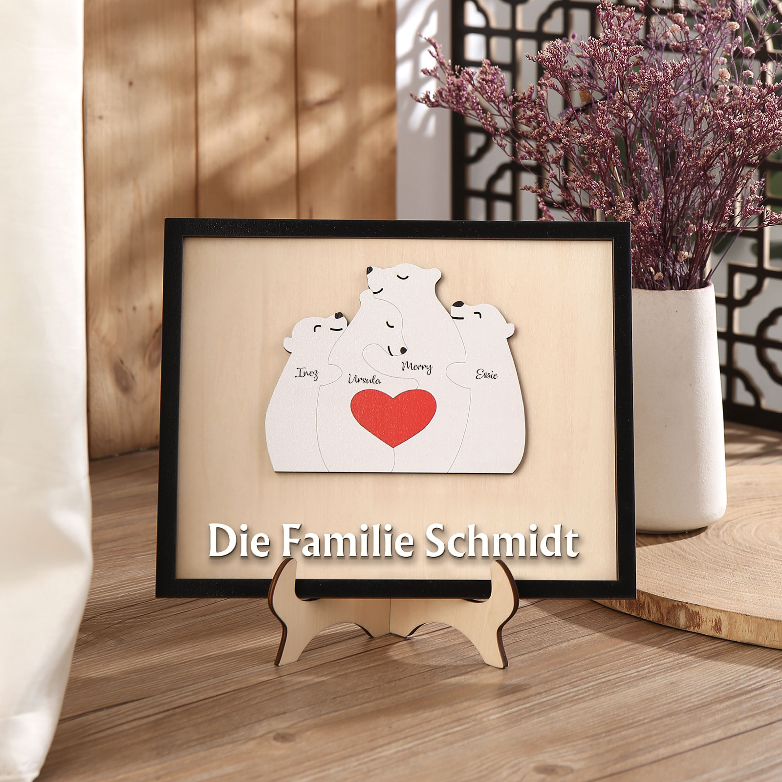 Holz Deko-Personalisierbare 4 Namen & Text Ornament Bär Familie Holzdekoration