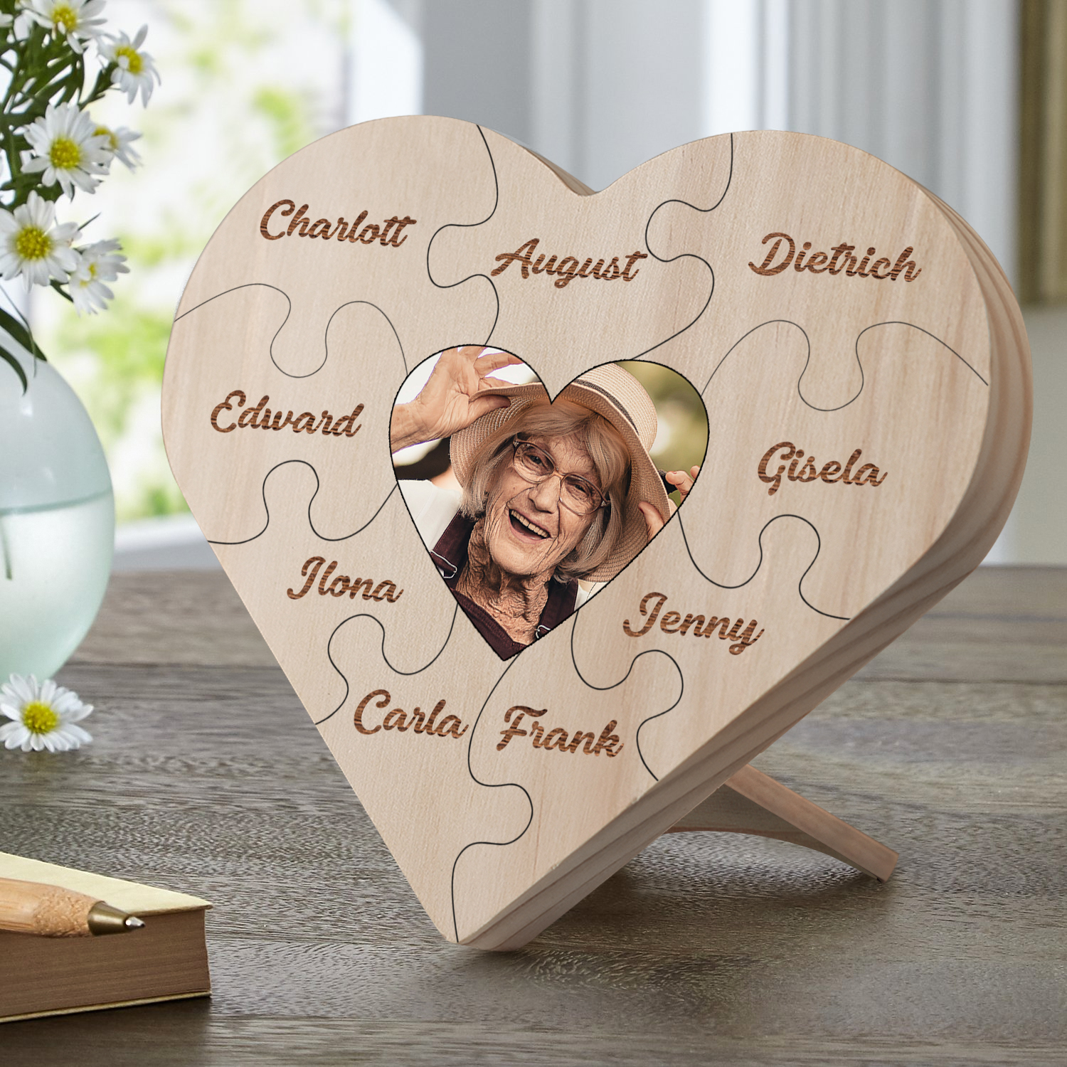 Familie Herzholz-Deko-Personalisiertes Foto & 9 Namen Puzzle Schreibtischdekoration Holz Ornament