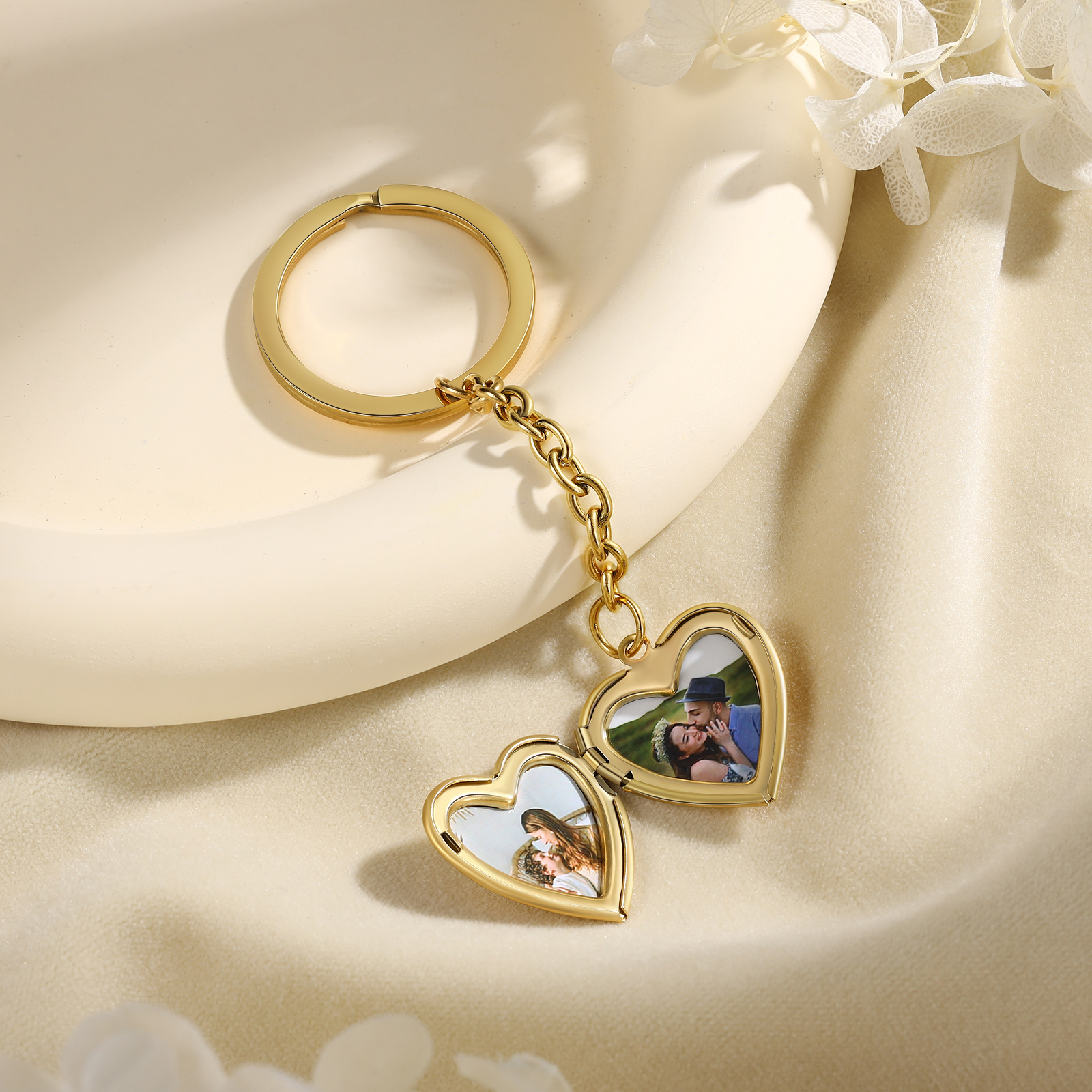 Personalisierte 2 Fotos & Geburtsblume Herz Schlüsselanhänger-Geburtsblume Serie 