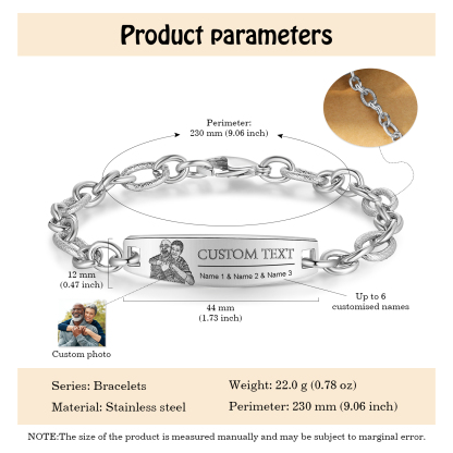 Herren Armband-Personalisiertes 3 Namen & Text & Foto Edelstahl Armband 