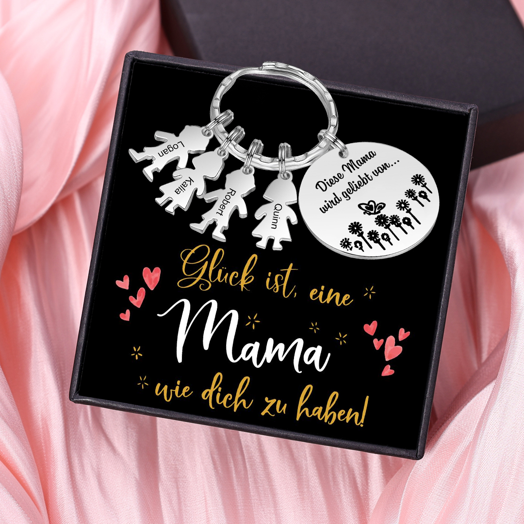Personalisierte 4 Namen Rund Edelstahl Schlüsselanhänger-Diese Mama wird geliebt von-Geschenk mit Nachrichtenkarte
