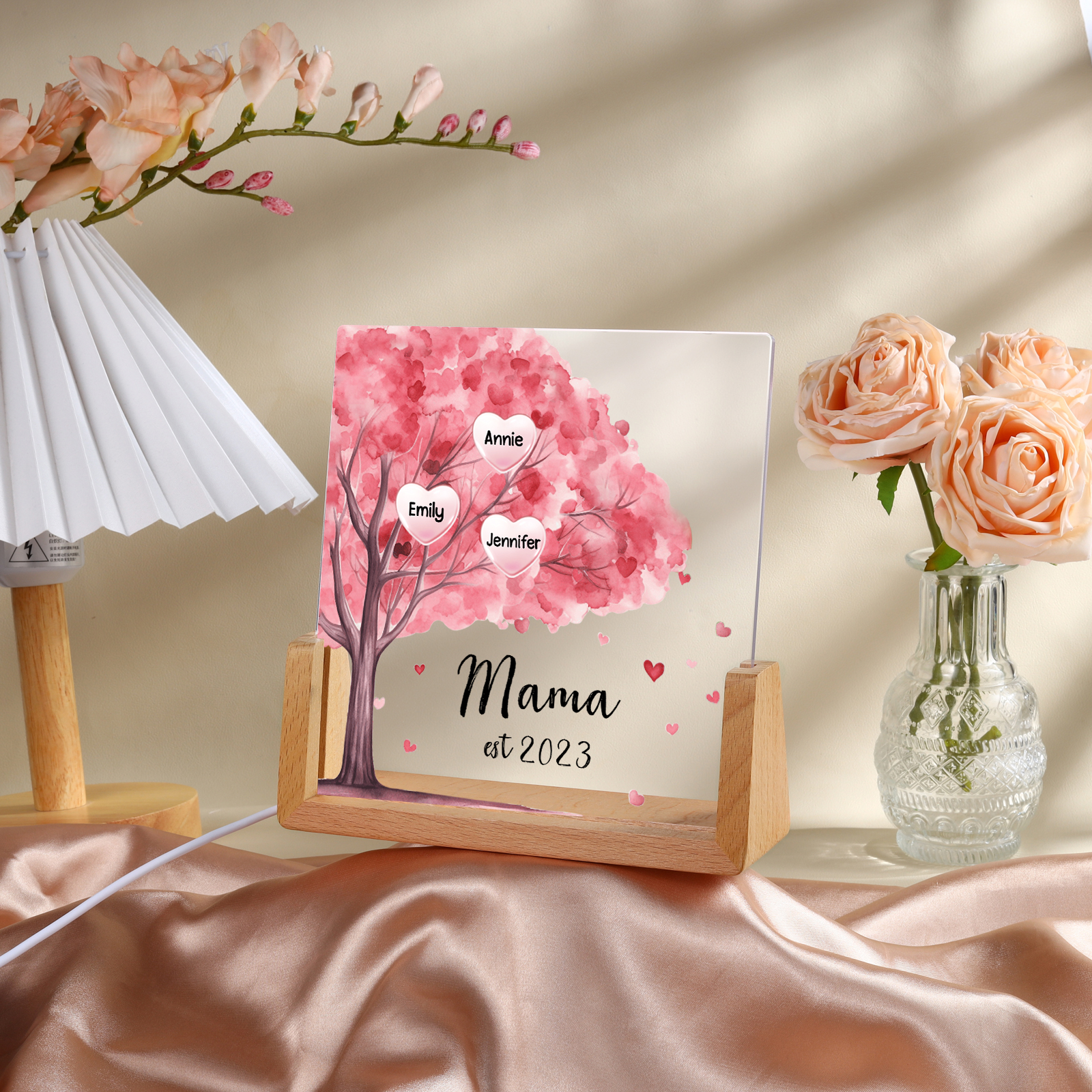 Personalisierte 3 Namen & Text & Datum Rosa Familienbaum Nachtlicht Geschenk für Großmutter/Mutter zum Muttertag