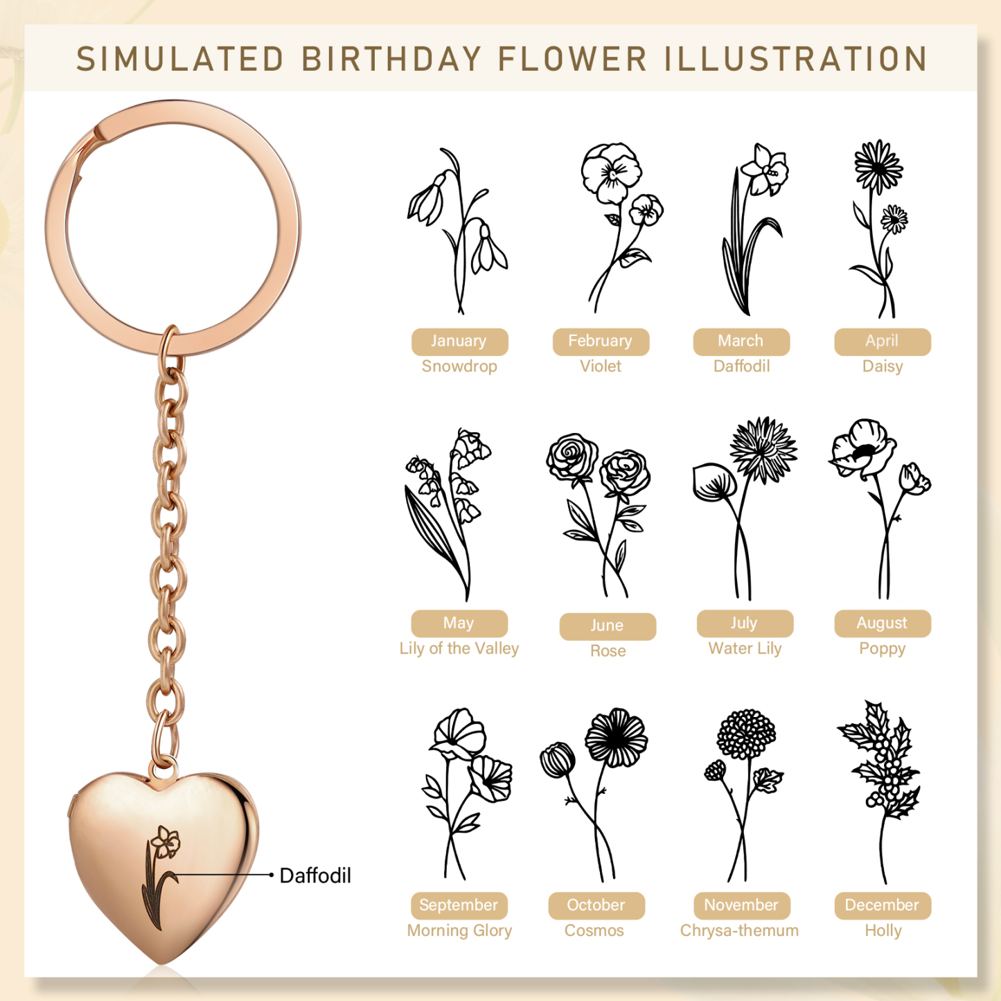 Personalisierte 2 Fotos & Geburtsblume Herz Schlüsselanhänger-Geburtsblume Serie 