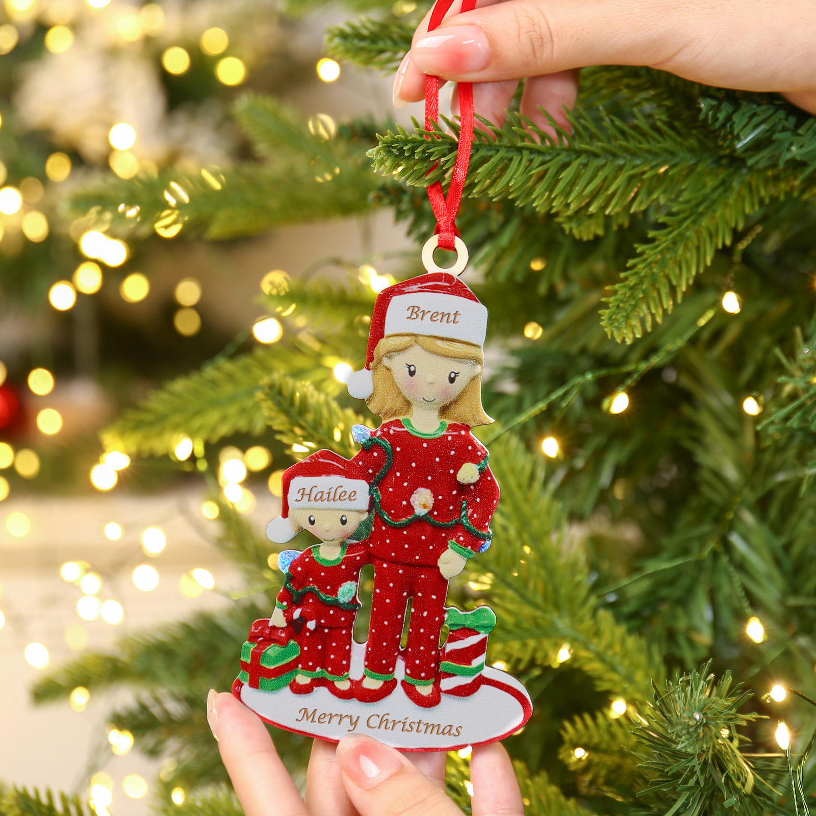 Holz Weihnachtsornament-Personalisierte 2 Namen Text Weinhachten Mutter & Kind-Kostüm Ornament