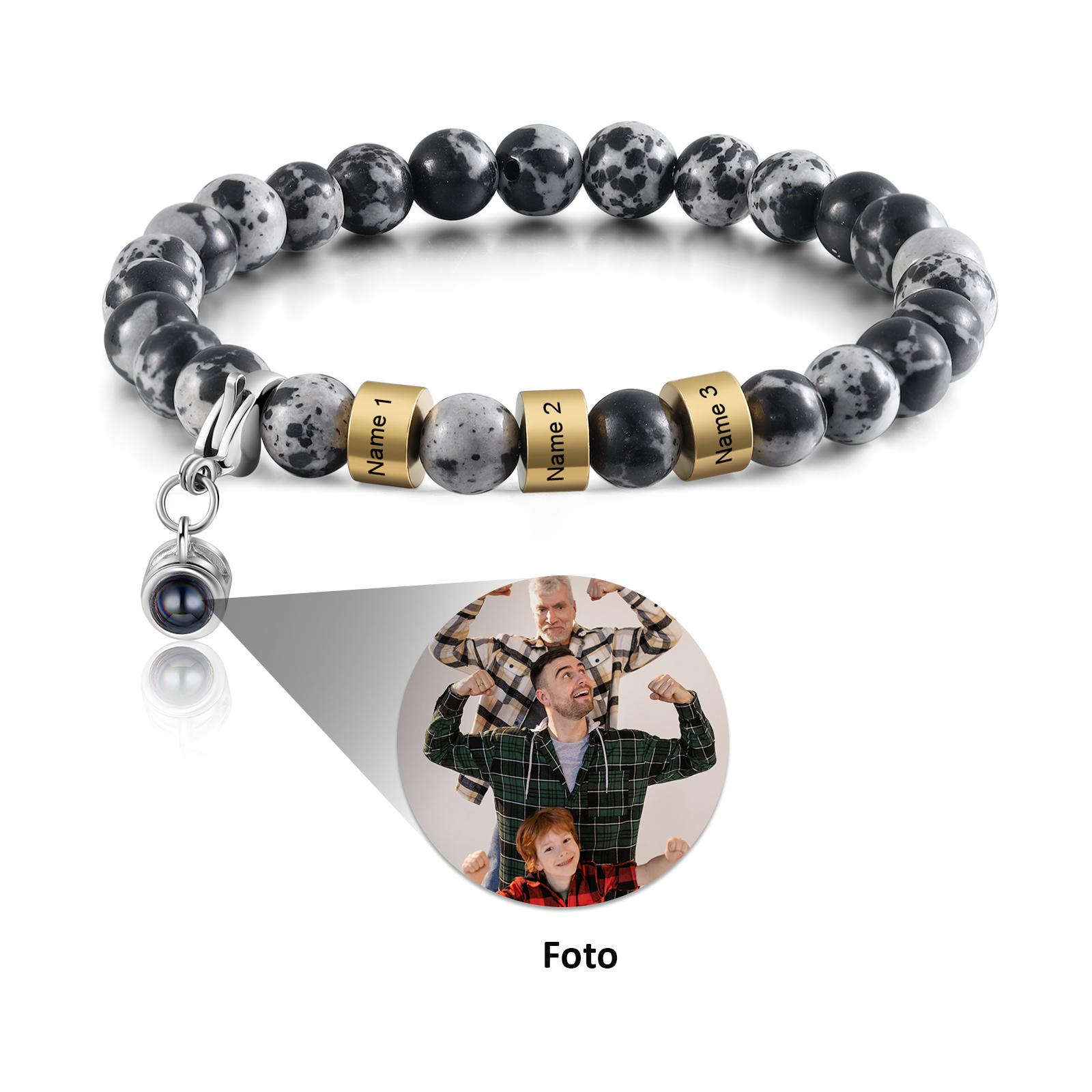 Personalisiertes Foto & 3 Namen Schwarzer Spatzenstein Projektion Armband