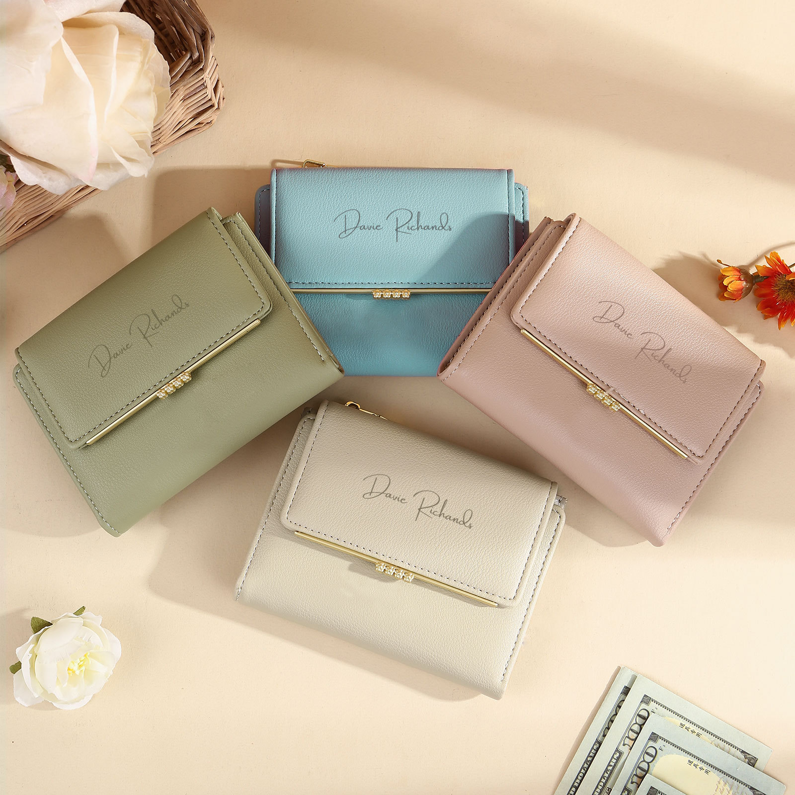 Damen Personalisierter Name & Foto PU Leder Kurze Portemonnaie Geldbörse Klappgeldbörse mit Reißverschluss