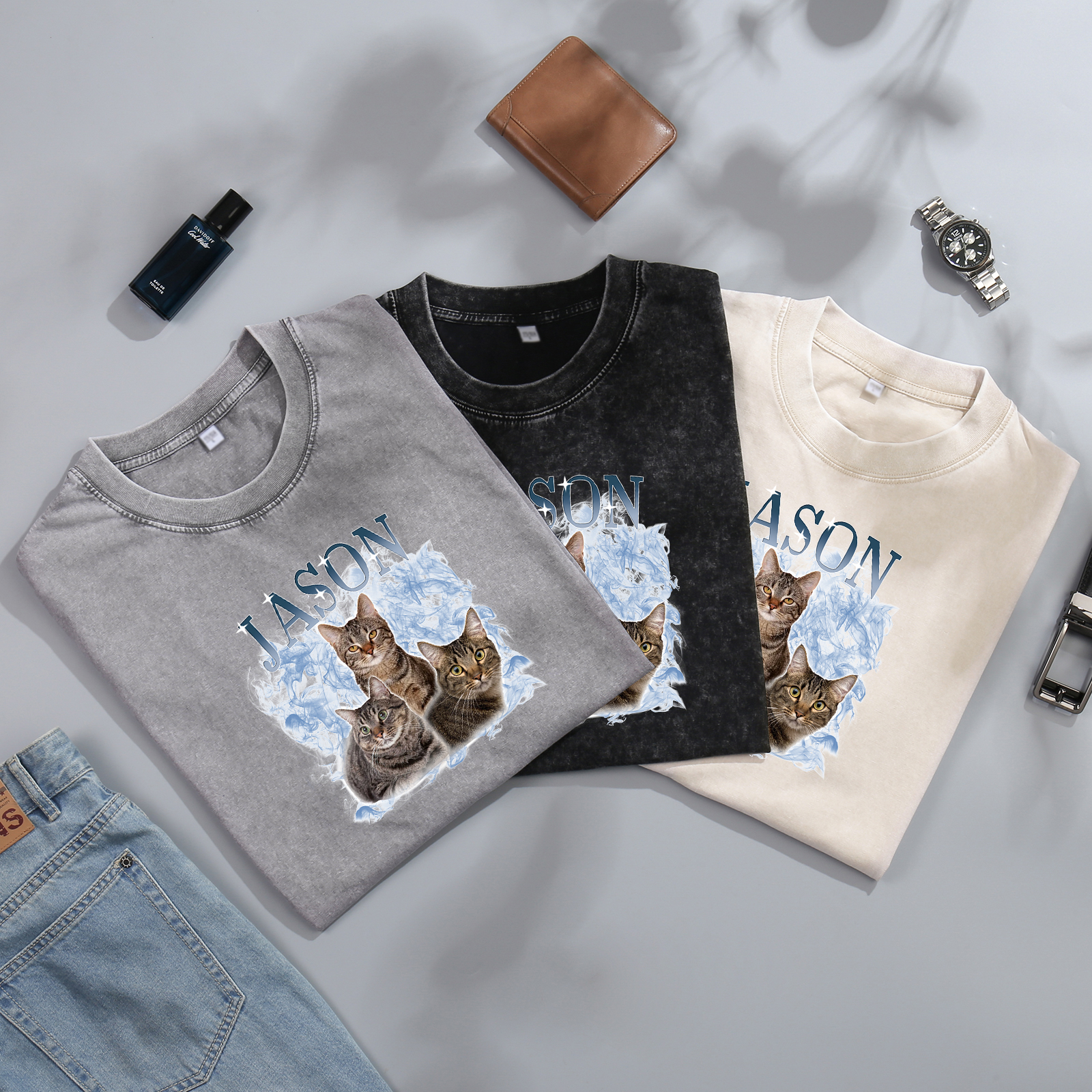 Personalisierte 3 Namen & 3 Fotos Haustier Herren Kurzarm T-Shirt