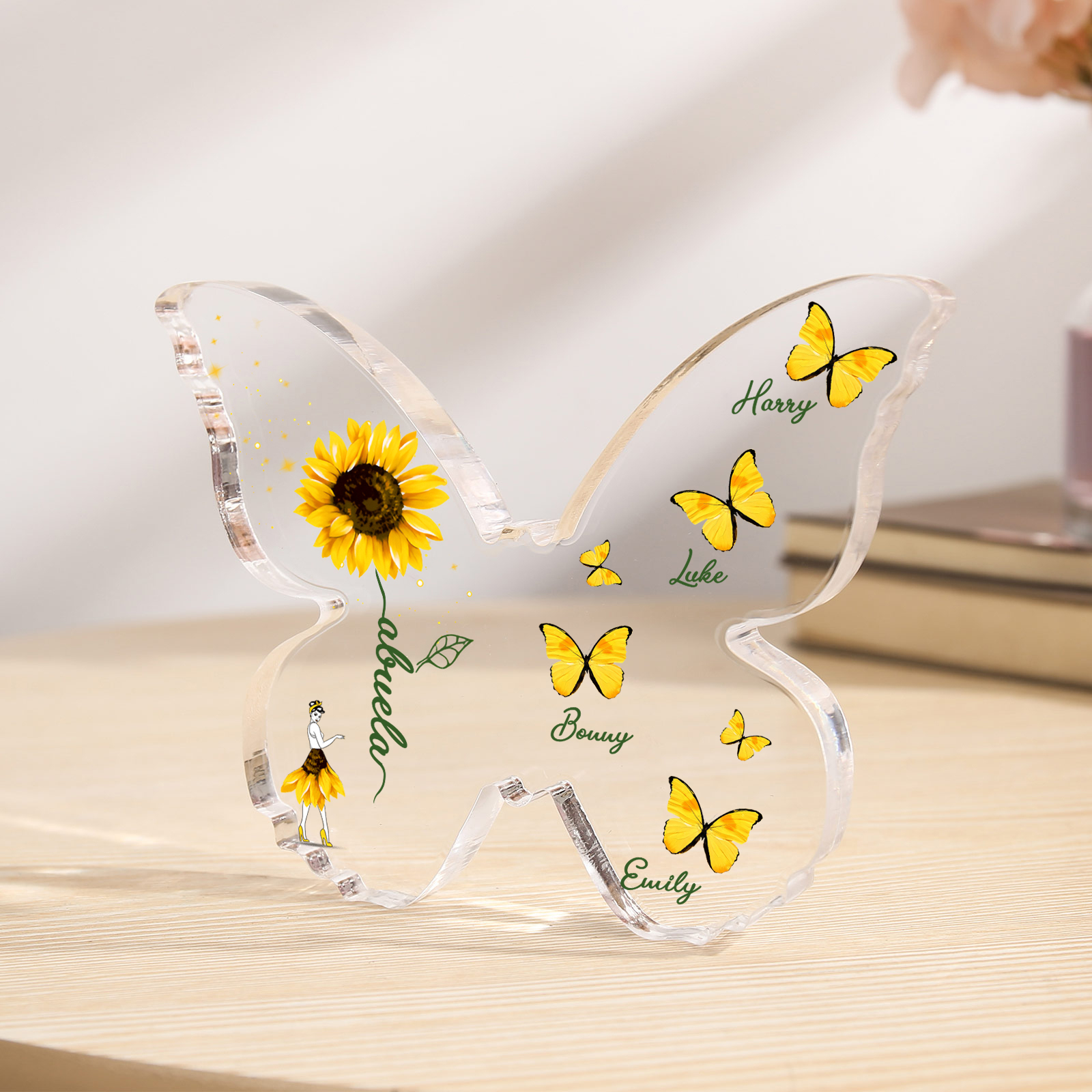 Schmetterling Acryl-Deko Personalisierte 4 Namen & Text Sonnenblume Familie Schreibtischdekoration