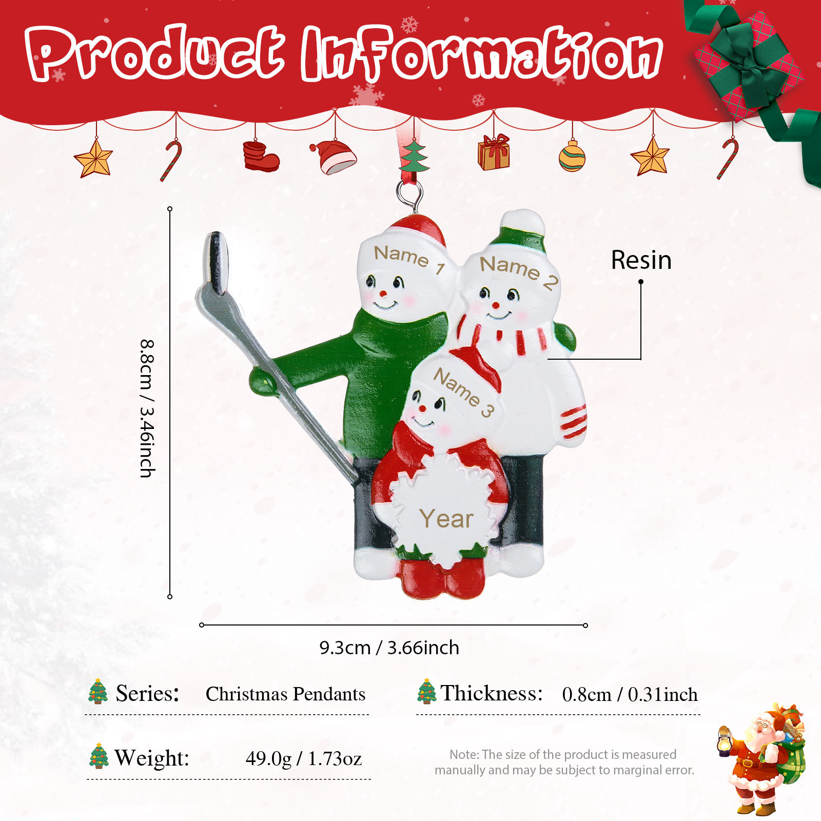 Harz Personalisierte 3 Namen & Jahr Skifahren Familie Weihnachtsornament Weihnachtsbaum Anhänger mit 3 Familienmitgliedern