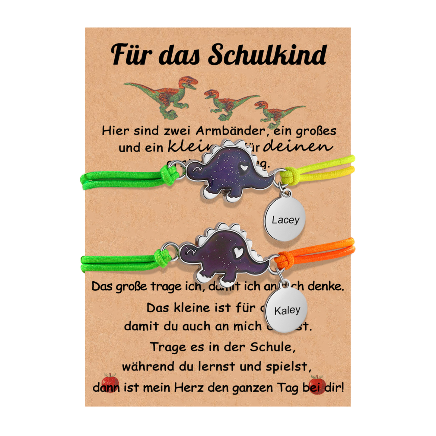Personalisierte 2 Name Dino Armbänder Set mit 2 Ketten Gummiband - Für das Schulkind - Schulanfang Geschenk