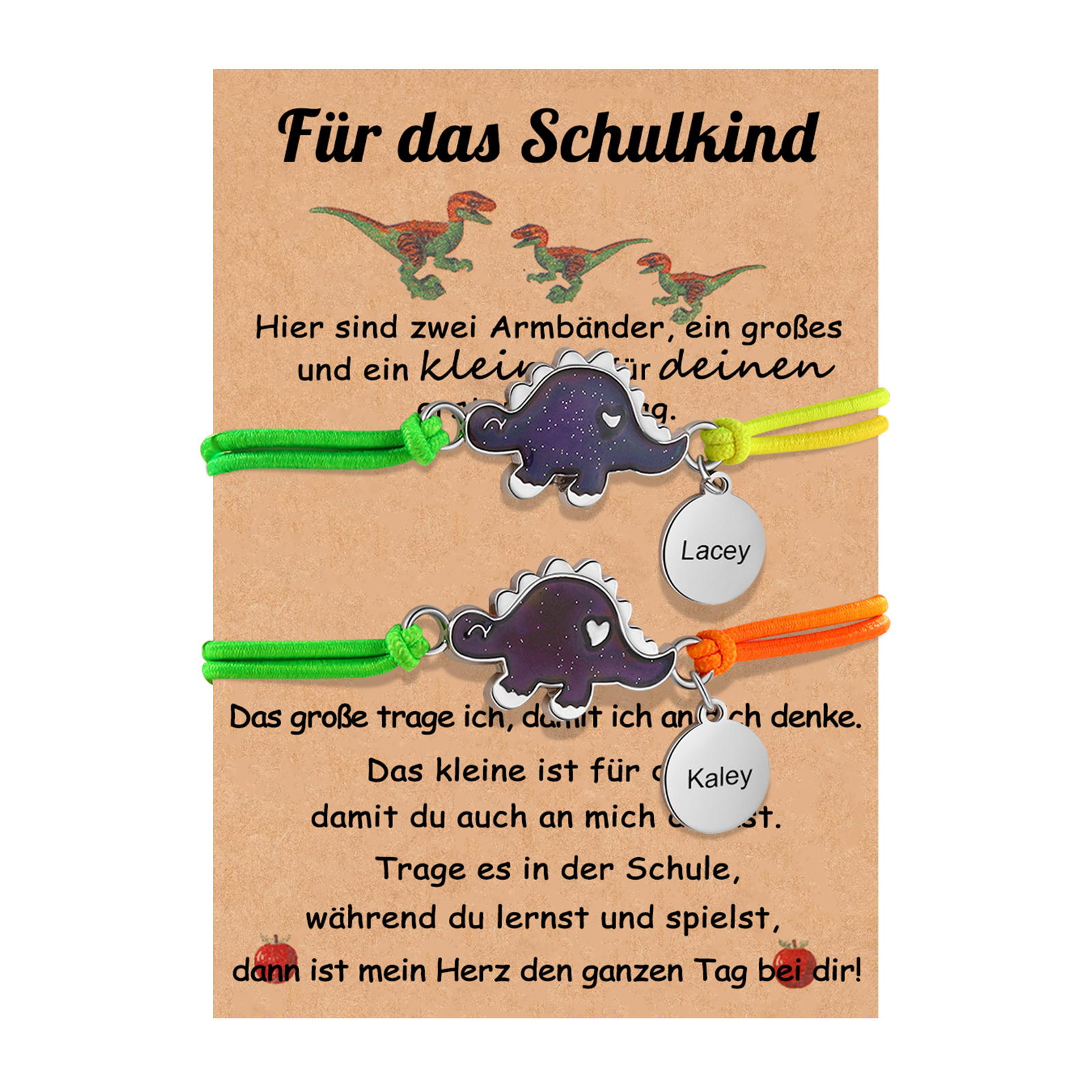 Personalisierte 2 Name Dino Armbänder Set mit 2 Ketten Gummiband - Für das Schulkind - Schulanfang Geschenk