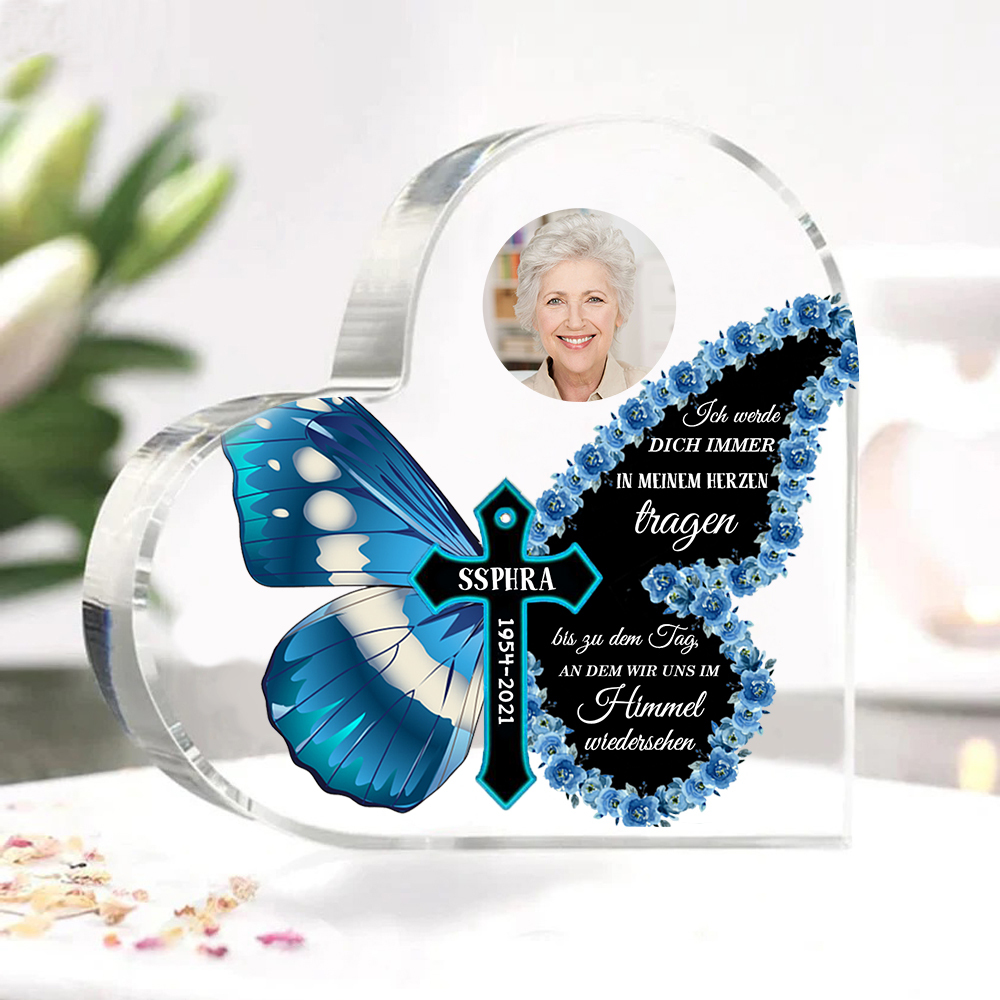 Personalisiertes Foto & Name & Jahr Acryl-Deko-Ich werde dich immer im Herzen tragen-Trauer Schreibtischdekoration