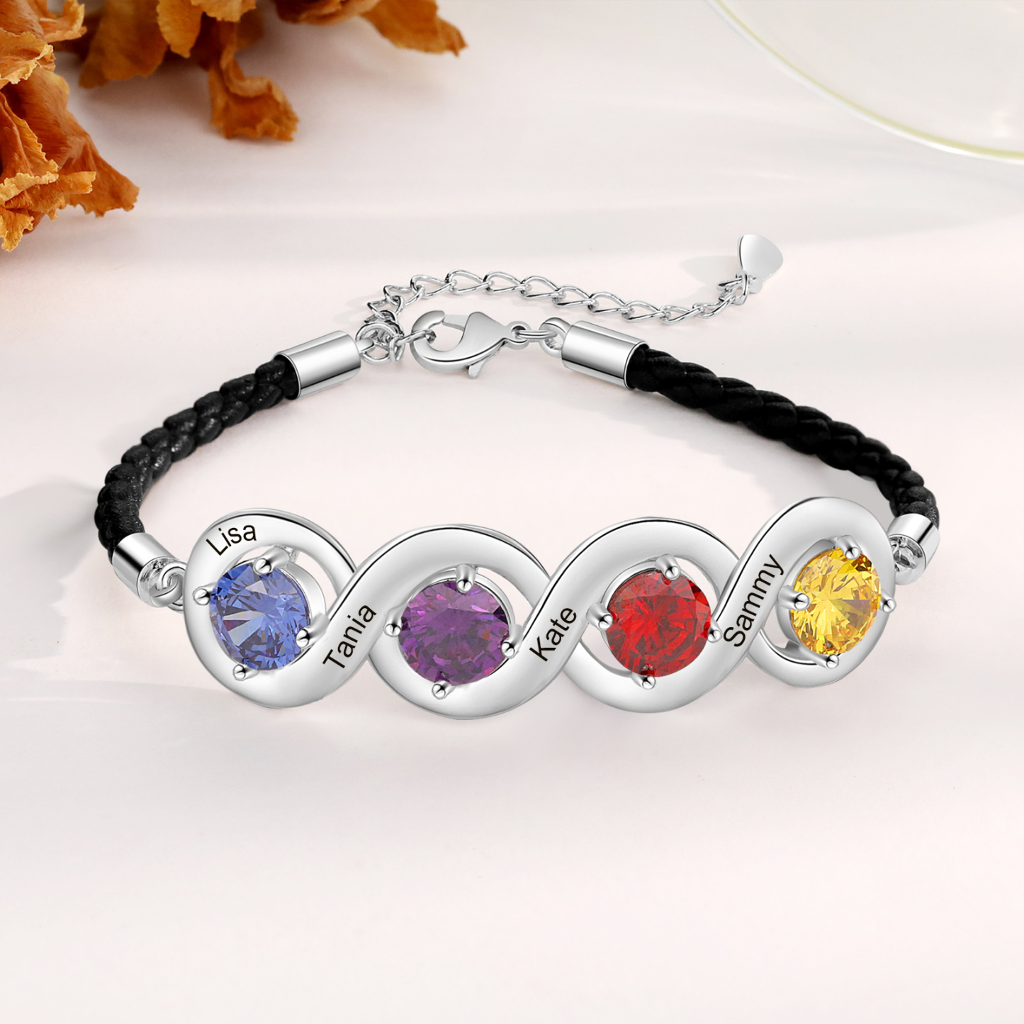 Personalisierte 4 Namen & 4 Geburtssteine Infinity Handseil Armband