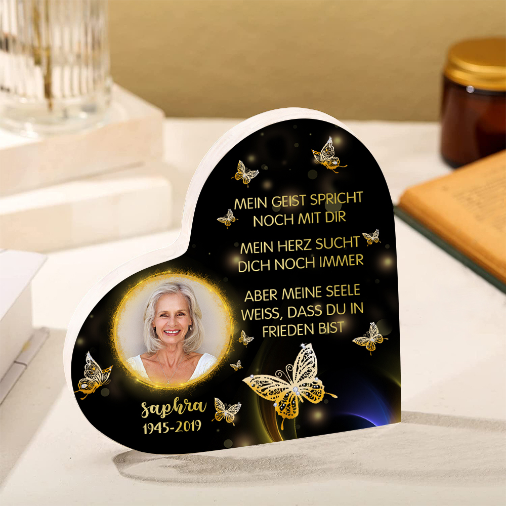 Personalisiertes Foto & Name & Jahr Acryl-Deko-Meine Seele weiß,dass du in Frieden bist-Trauer Schreibtischdekoration