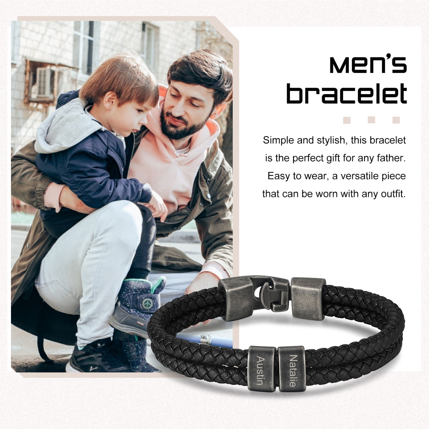 Personalisiertes Herren 2 Namen Leder Vintage Armband mit Edelstahl Perle