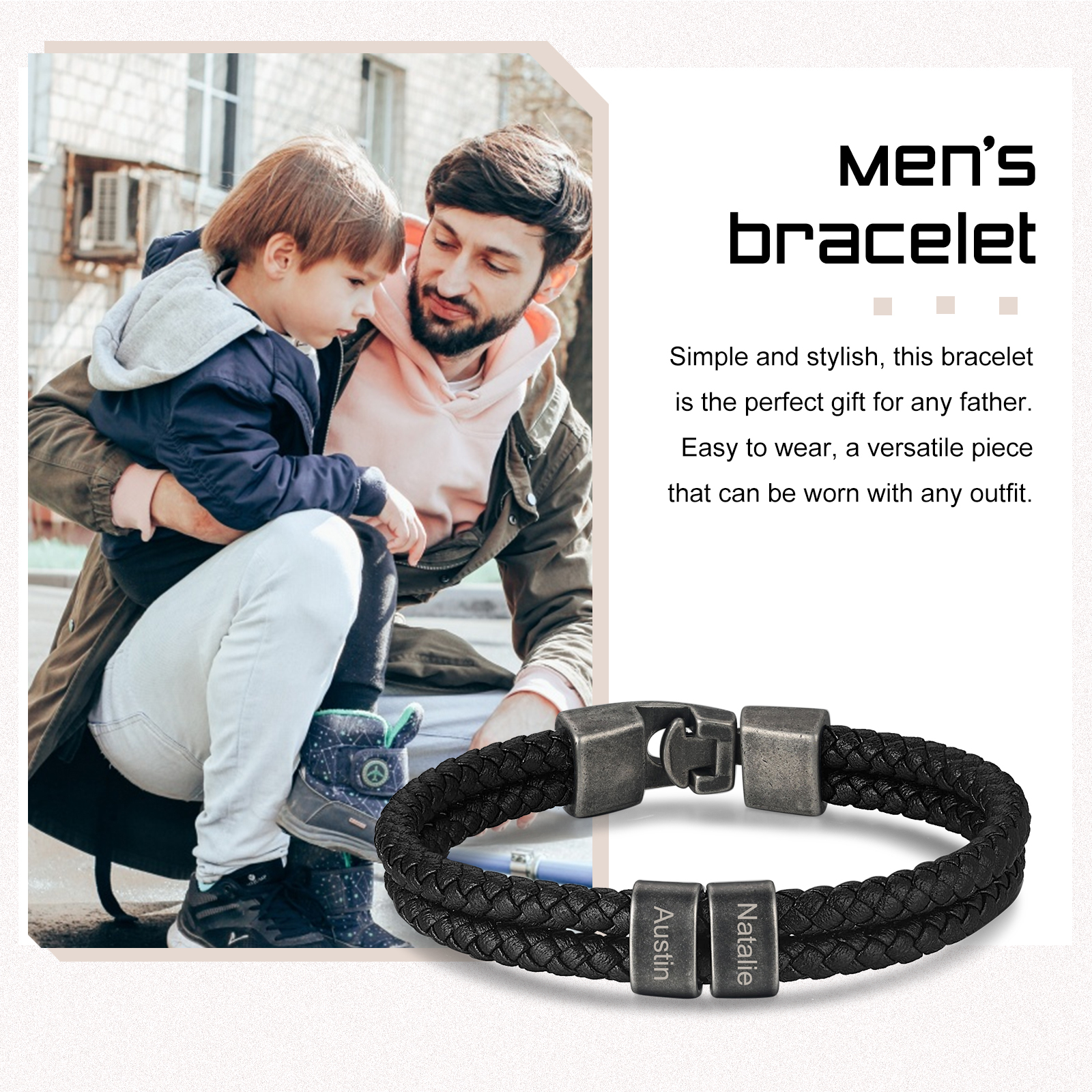 Personalisiertes Herren 2 Namen Leder Vintage Armband mit Edelstahl Perle