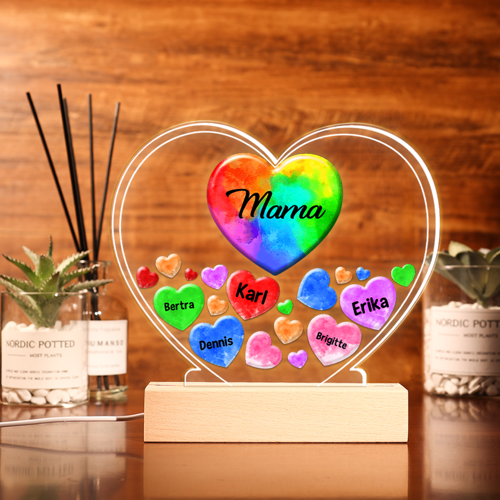 Personalisierte 1-14 Namen & Text Bunt Herz Nachtlicht Geschenk für Großmutter/Mutter zum Muttertag