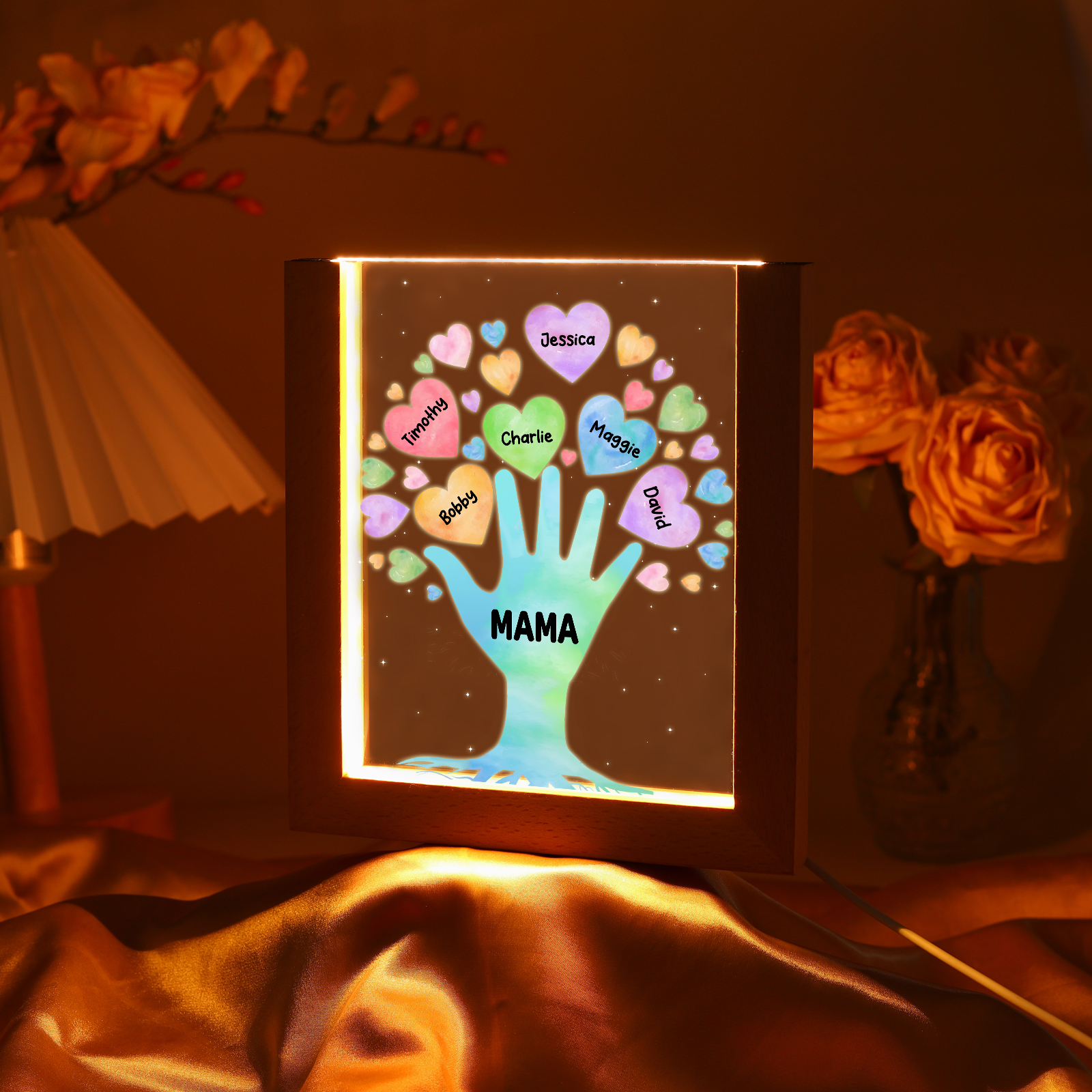Personalisierte 6 Namen & Text Familie Hand Acryl Rahmen Nachtlicht Geschenk für Großmutter/Mutter zum Muttertag