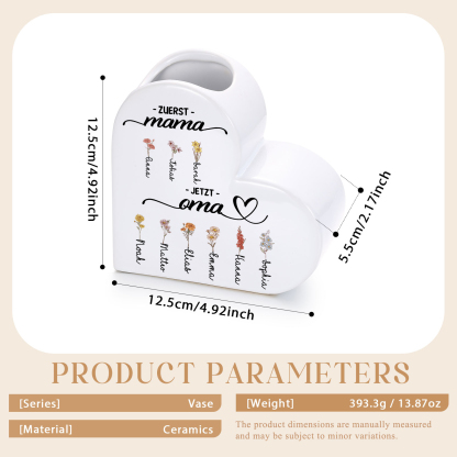 Personalisierte Keramik Herzvase mit 2–12 Geburtsmonat Blumen und Wunschname