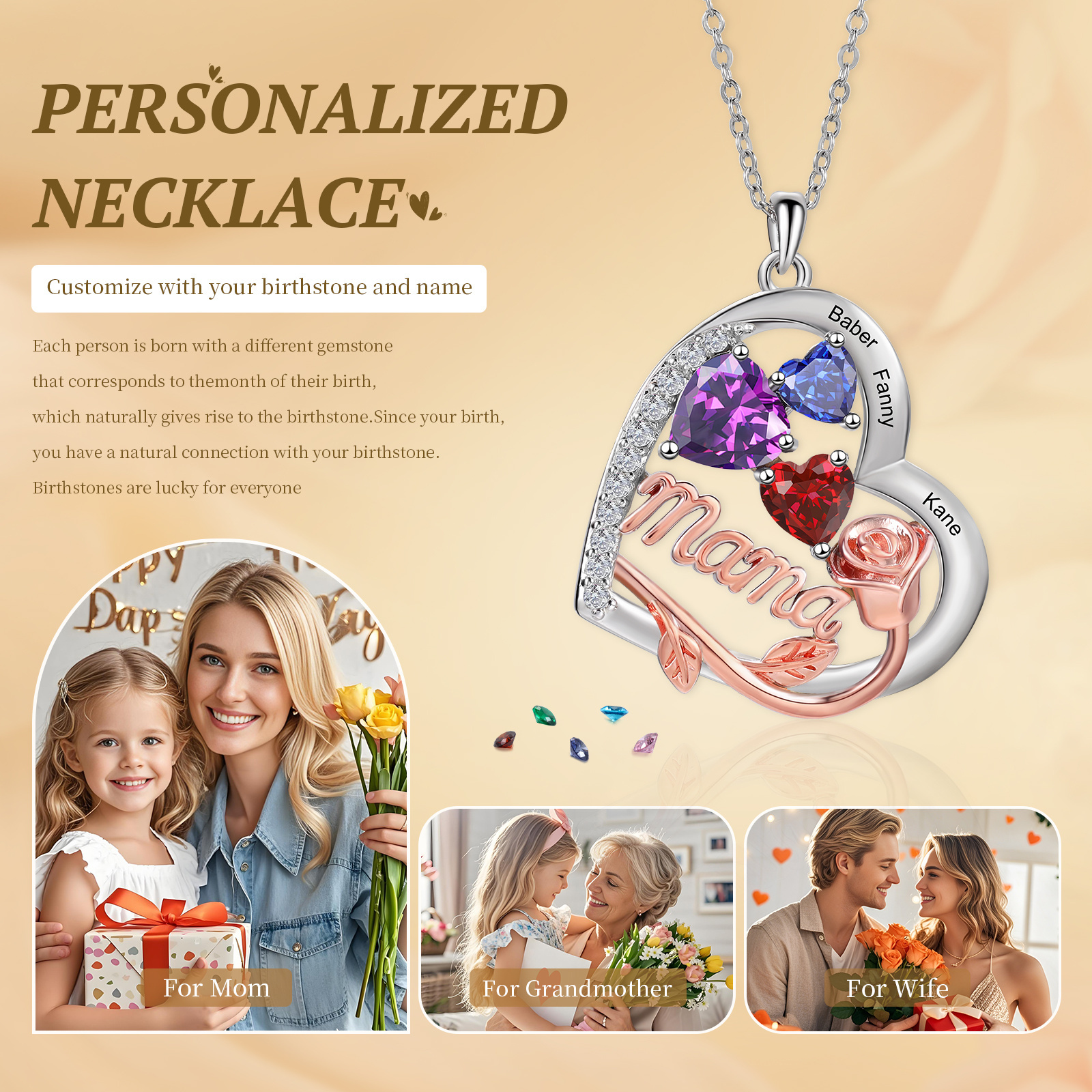 Personalisierte Rosen-Halskette mit Herz und Geburtsstein für Mama