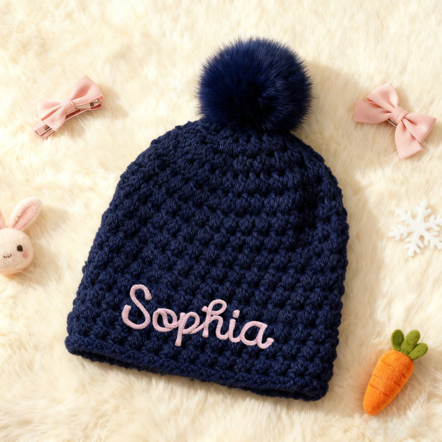 Personalisierte Baby-Strickmütze mit Pompon – handbestickte Wintermütze für Kinder