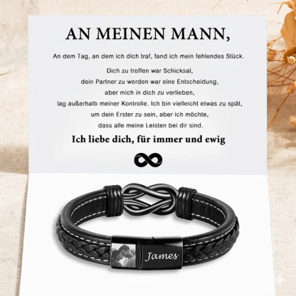 Geflochtenes Herren-Lederarmband mit Gravur und Foto – Geschenk mit Nachrichtenkarte für Mann