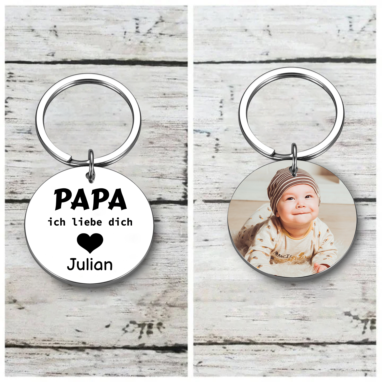 Personalisierbares Foto & 1 Name Rund Metall-Papa, ich liebe dich-Schlüsselanhänger für Vater