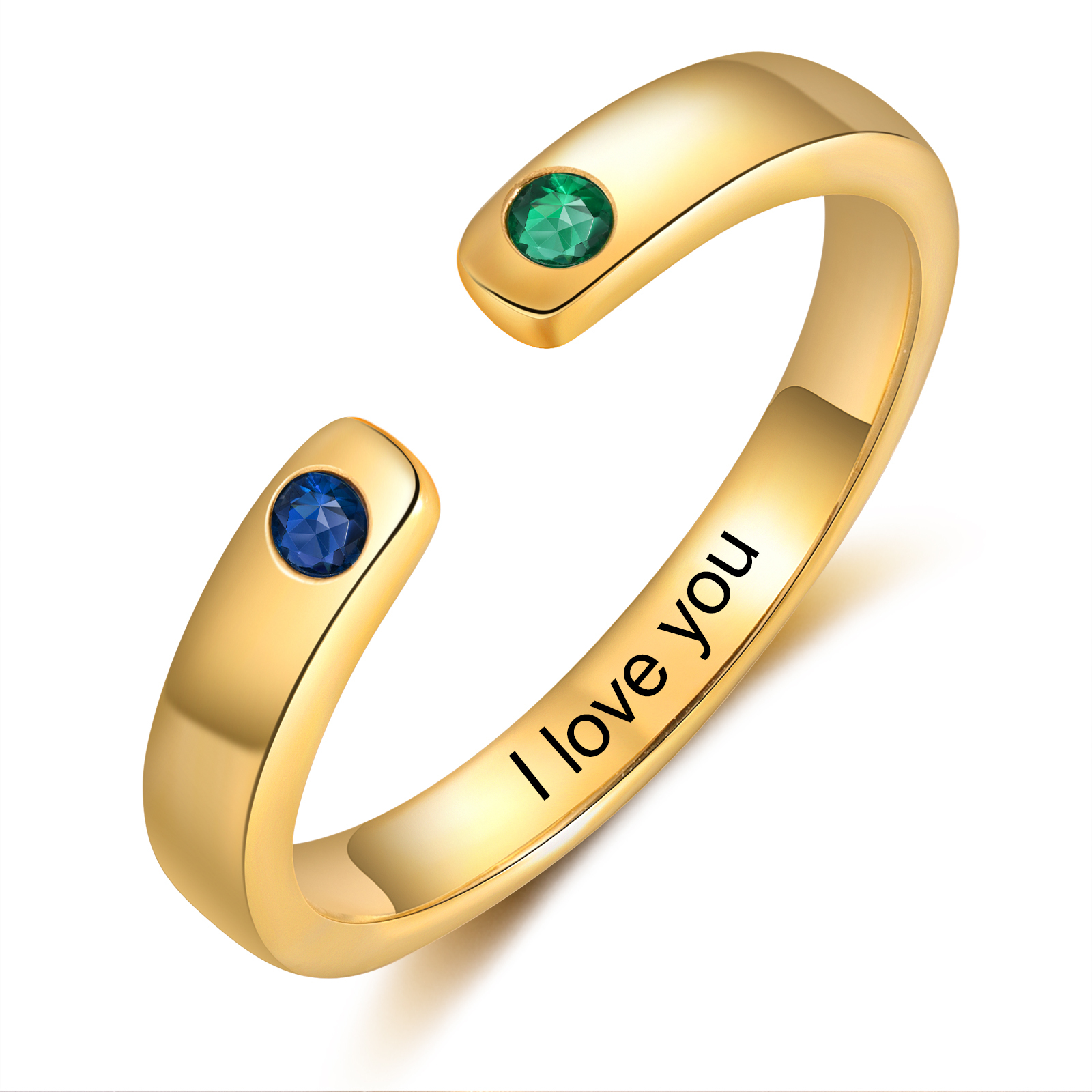 Personalisierte 2 Geburtssteine & Text Golden Offener Ring