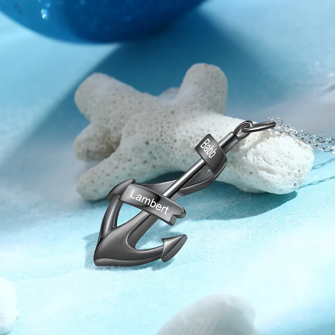 925 Sterling Silber Personalisierte 2 Namen Schwarz Anker Halskette-Geschenk mit Weiß Nachrichtenkarte