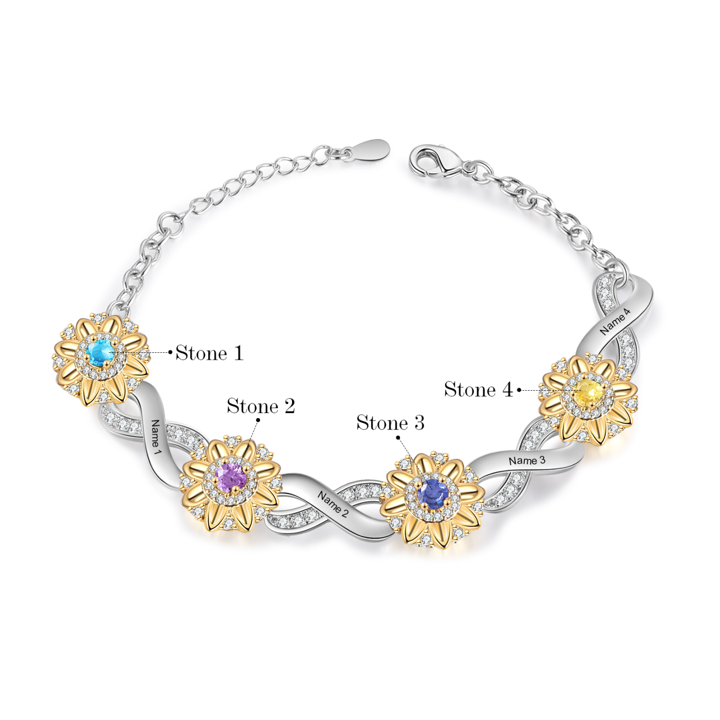 Personalisierte 4 Namen & 4 Geburtssteine Sonnenblume Infinity Armband mit Zirkonia