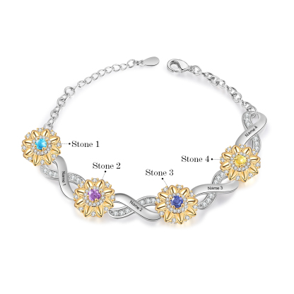 Personalisierte 4 Namen & 4 Geburtssteine Sonnenblume Infinity Armband mit Zirkonia