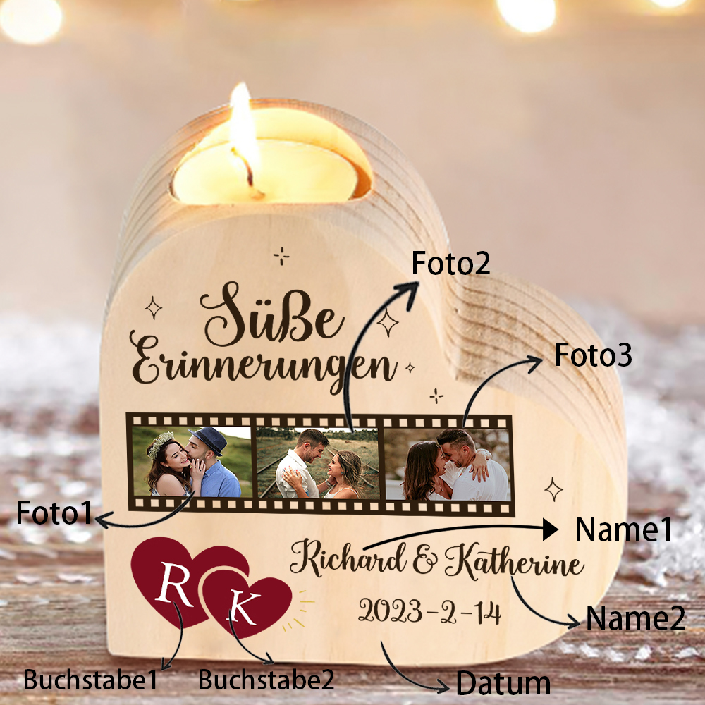 Herzform Kerzenhalter-Personalisierte 2 Namen & 2 Buchstaben & Datum & 3 Fotos -Süße Erinnerungen- Kerzenständer für Paare